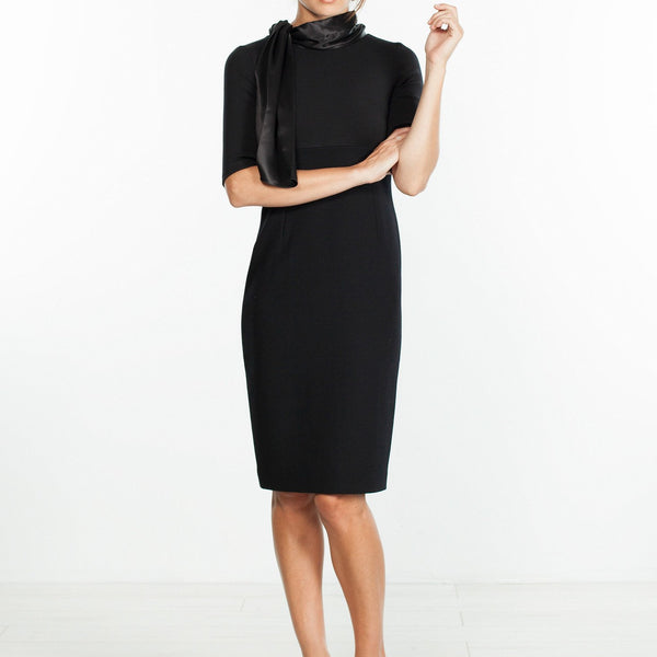 Tie Neck Wool Dress in Black